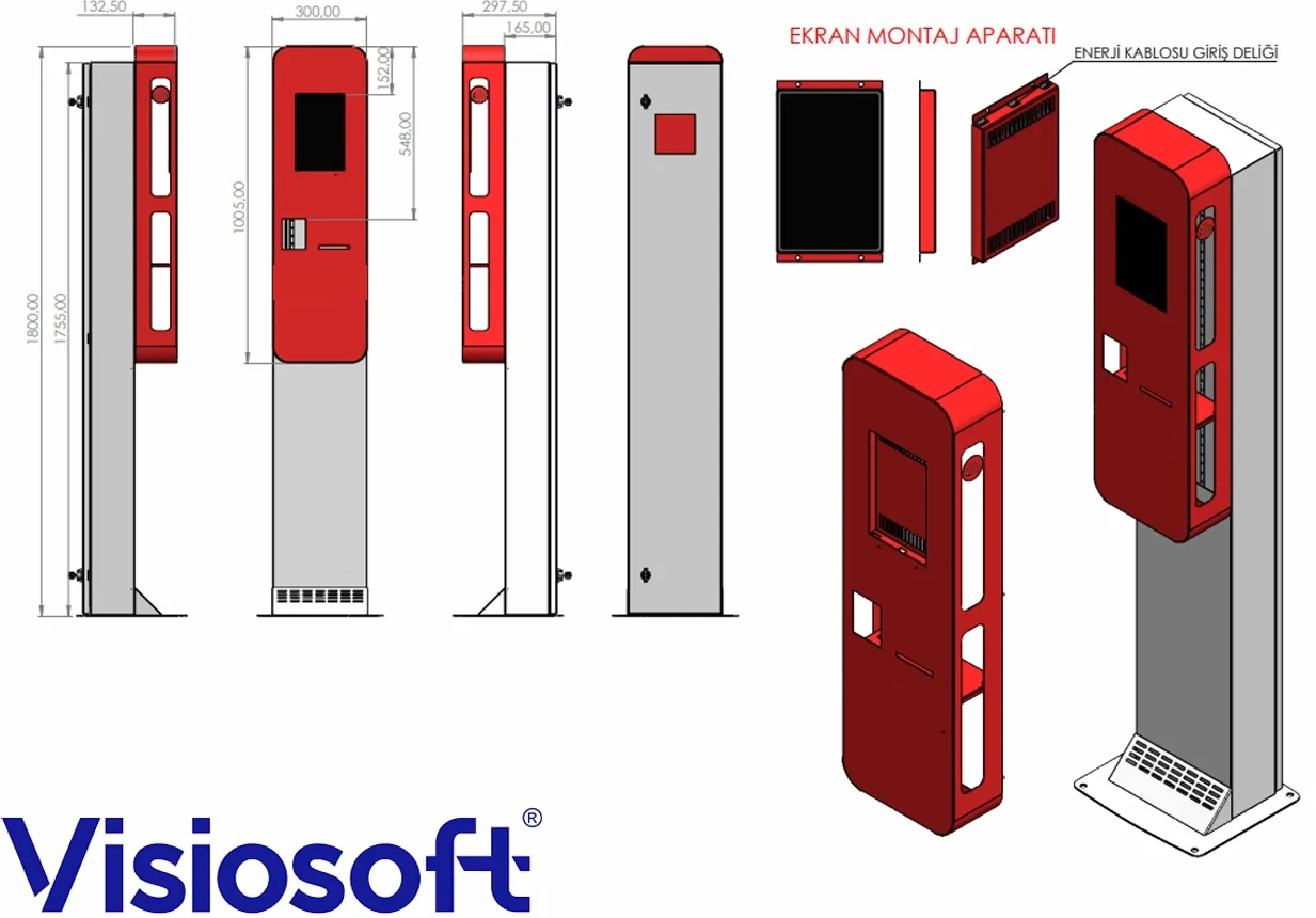 Technical drawing of the unmanned exit payment kiosk: side, front and rear views, 300 mm wide, 297.5 mm deep and 1800 mm high