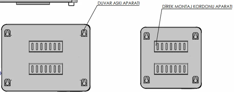 Teknik çizimden arka yüzey: duvar askı aparatı ve direk montaj kordonu aparatı