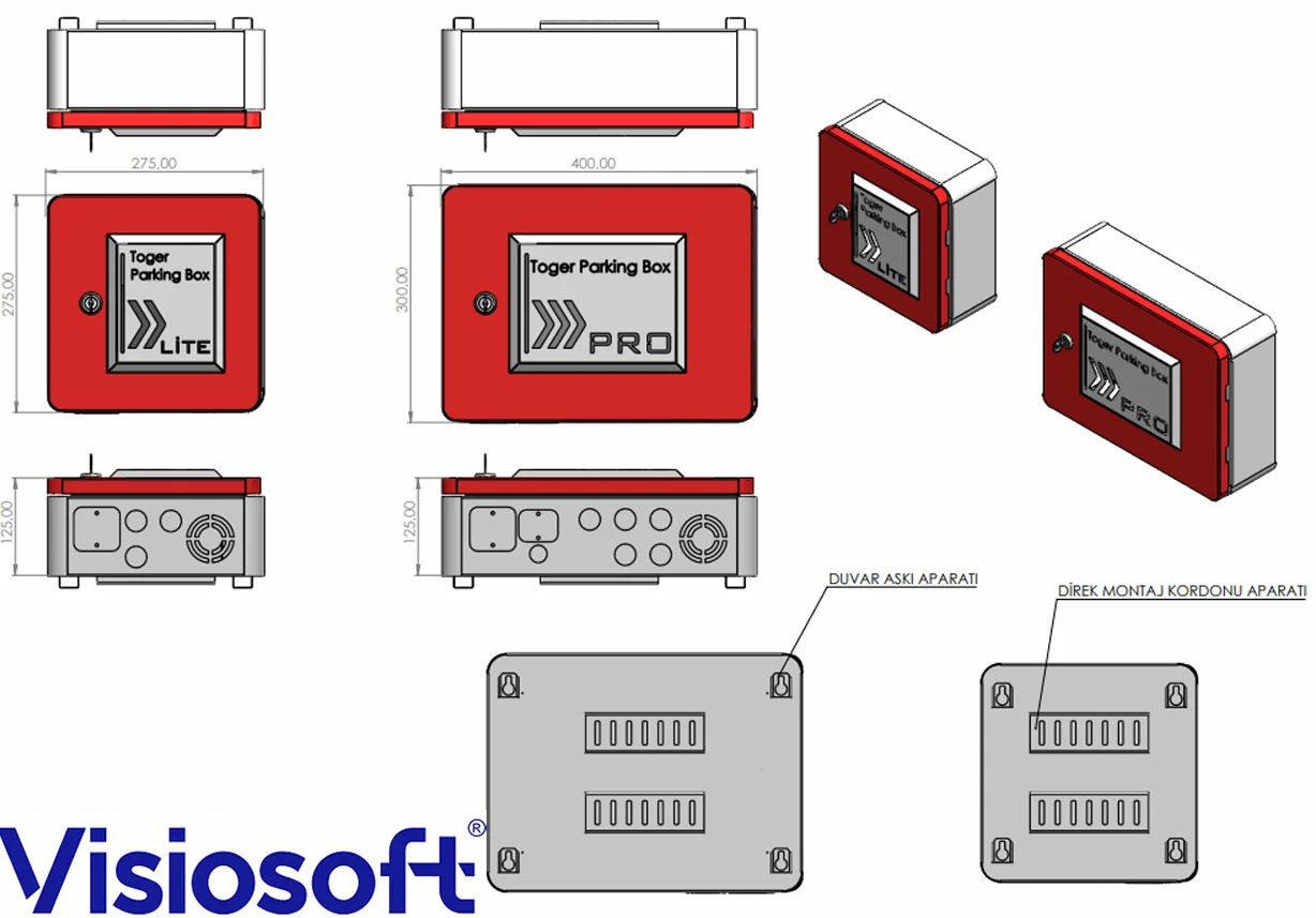 Technical drawing of Toger Parking Box Lite and Pro: top, front and bottom views, isometric views and the mounting brackets on the back